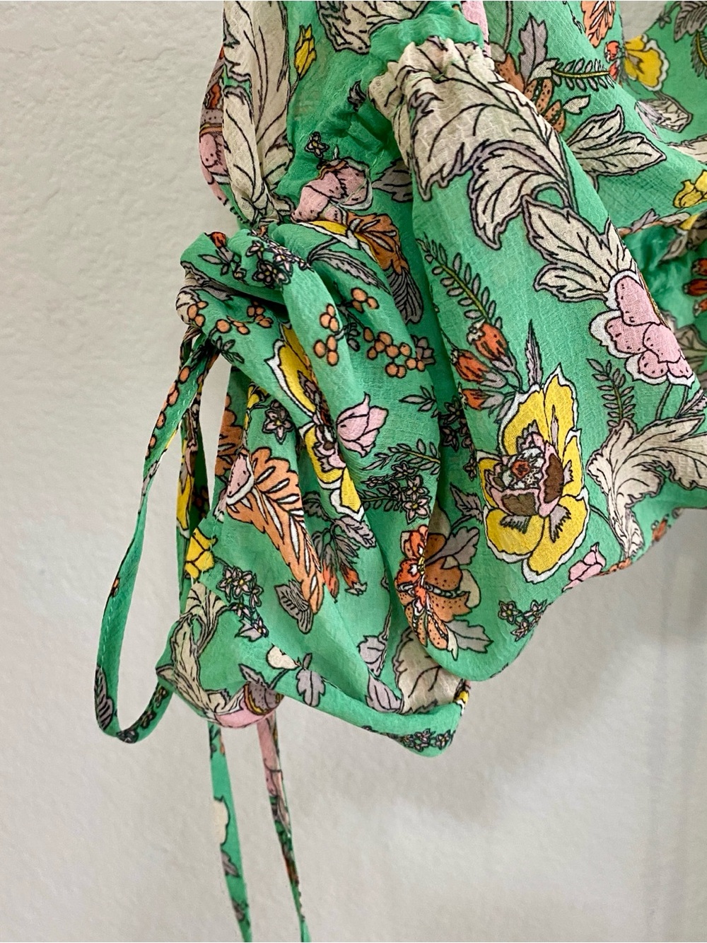 Free People Earthfolk Maxi Dress Green Floral Boho Ruched Sleeve XS - Picture 7 of 16